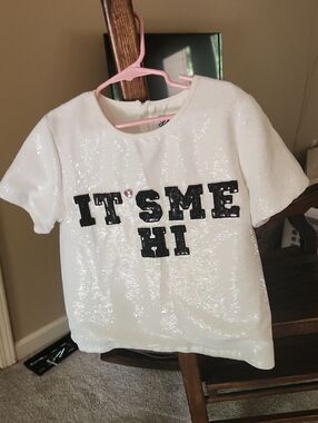 Lola + The Boys White Sequin Short-Sleeve Tee with Black Lettering